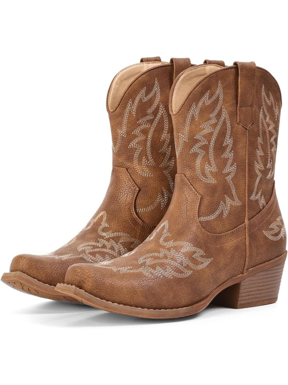 Women's Light Brown Ankle Cowgirl Boots Mid Calf Snip Toe Chunky Heel Booties